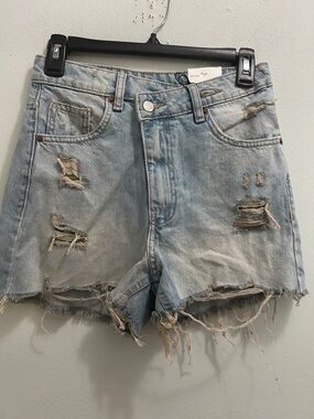 Distressed Light Blue Denim Shorts - Women's crossed waist mom fit Bermuda